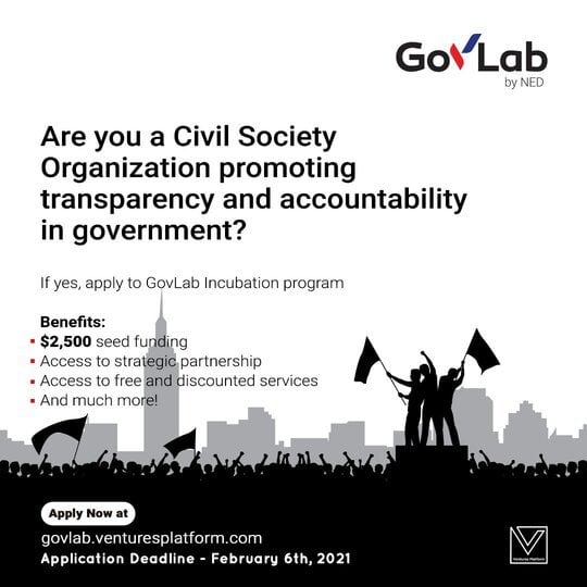 Gov Labs by NED Incubation Program 2021 for Civil Society Organizations ($2,500 worth of equity-free funding)
