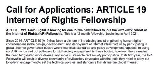 ARTICLE 19 Internet of Rights Fellowship 2023/2024 for public interest advocates