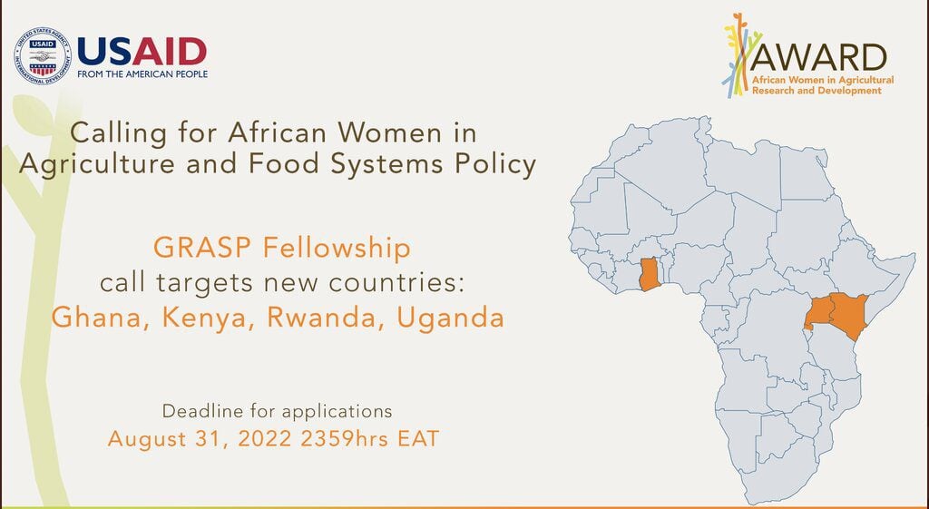 The Gender Responsive Agriculture Systems Policy (GRASP) Fellowship 2023/2024 for African female policymakers.