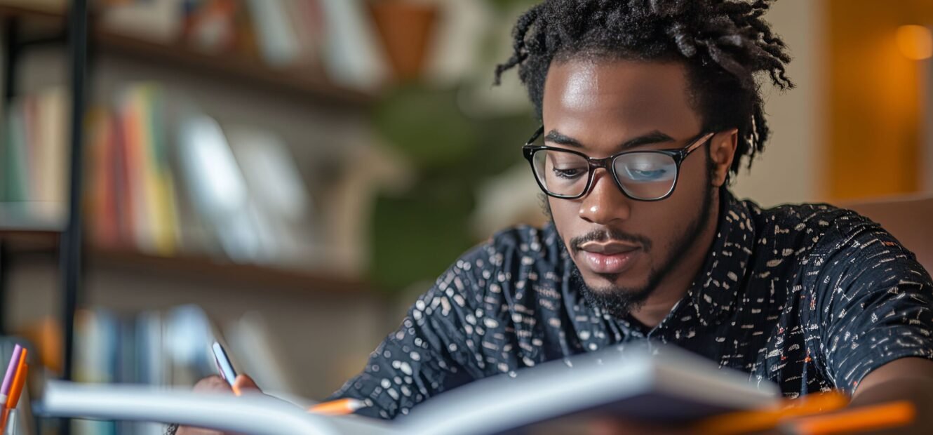 Revision Guide - male student reading from a opened book