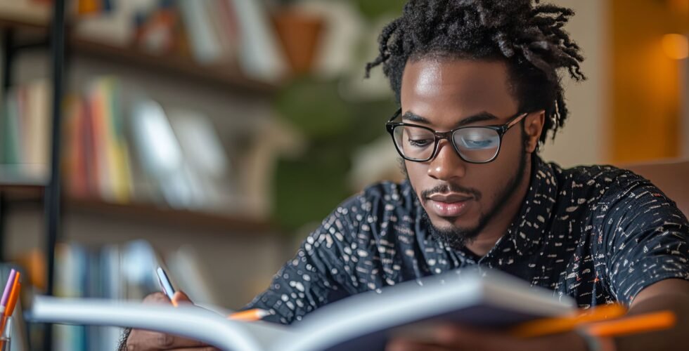 Revision Guide - male student reading from a opened book