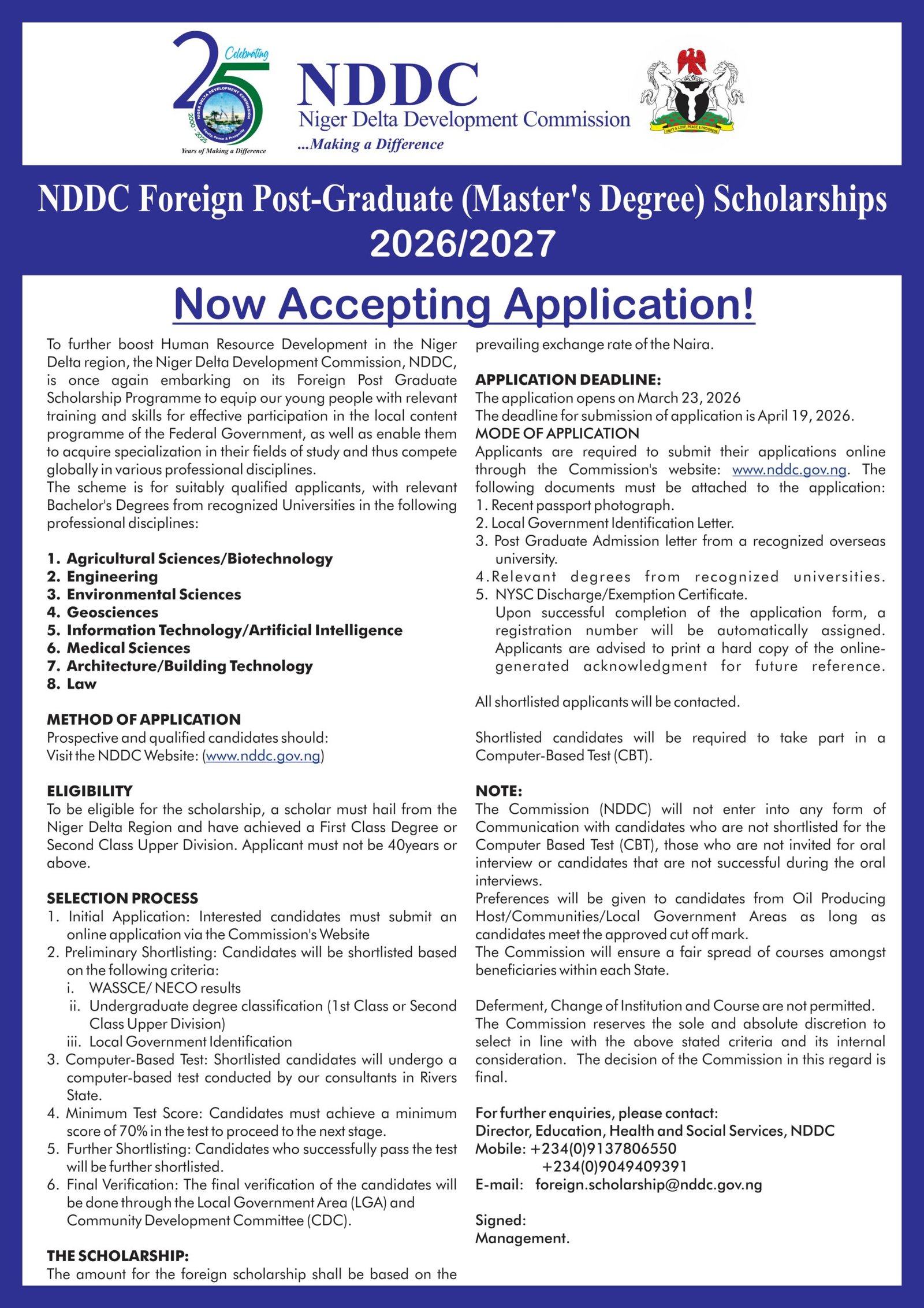 NDDC Foreign Post-Graduate (Master’s Degree) Scholarships 2026/2027